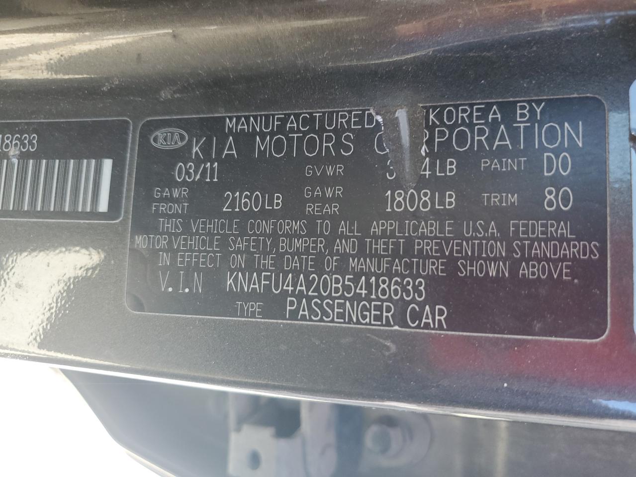 2011 Kia Forte Ex VIN: KNAFU4A20B5418633 Lot: 87296295