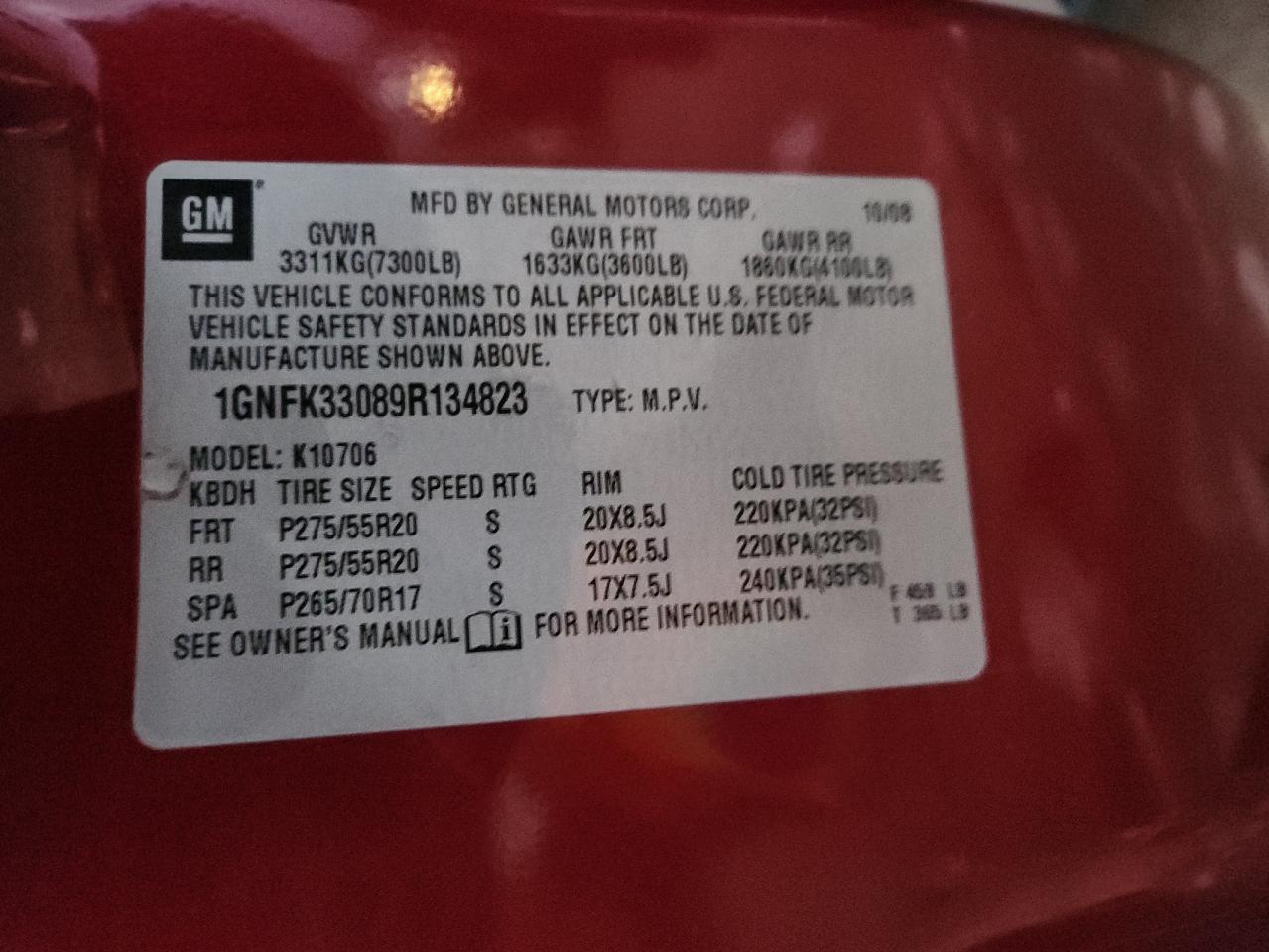 2009 Chevrolet Tahoe K1500 Ltz VIN: 1GNFK33089R134823 Lot: 82699005