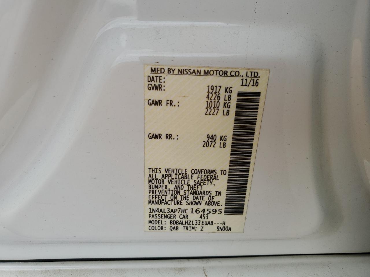 2017 Nissan Altima 2.5 VIN: 1N4AL3AP7HC164595 Lot: 81126275