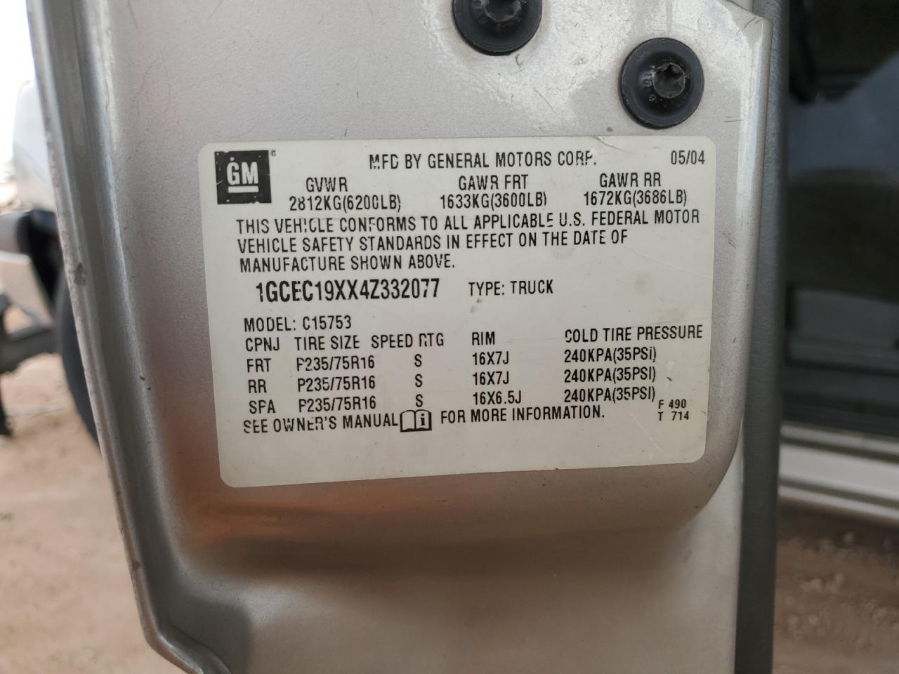 2004 Chevrolet Silverado C1500 VIN: 1GCEC19XX4Z332077 Lot: 85735615