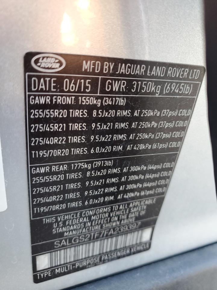 2015 Land Rover Range Rover Supercharged VIN: SALGS2TF7FA239397 Lot: 87362205