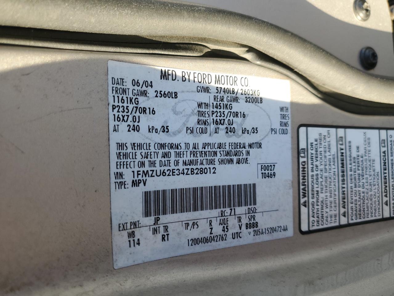 2004 Ford Explorer Xls VIN: 1FMZU62E34ZB28012 Lot: 90334305