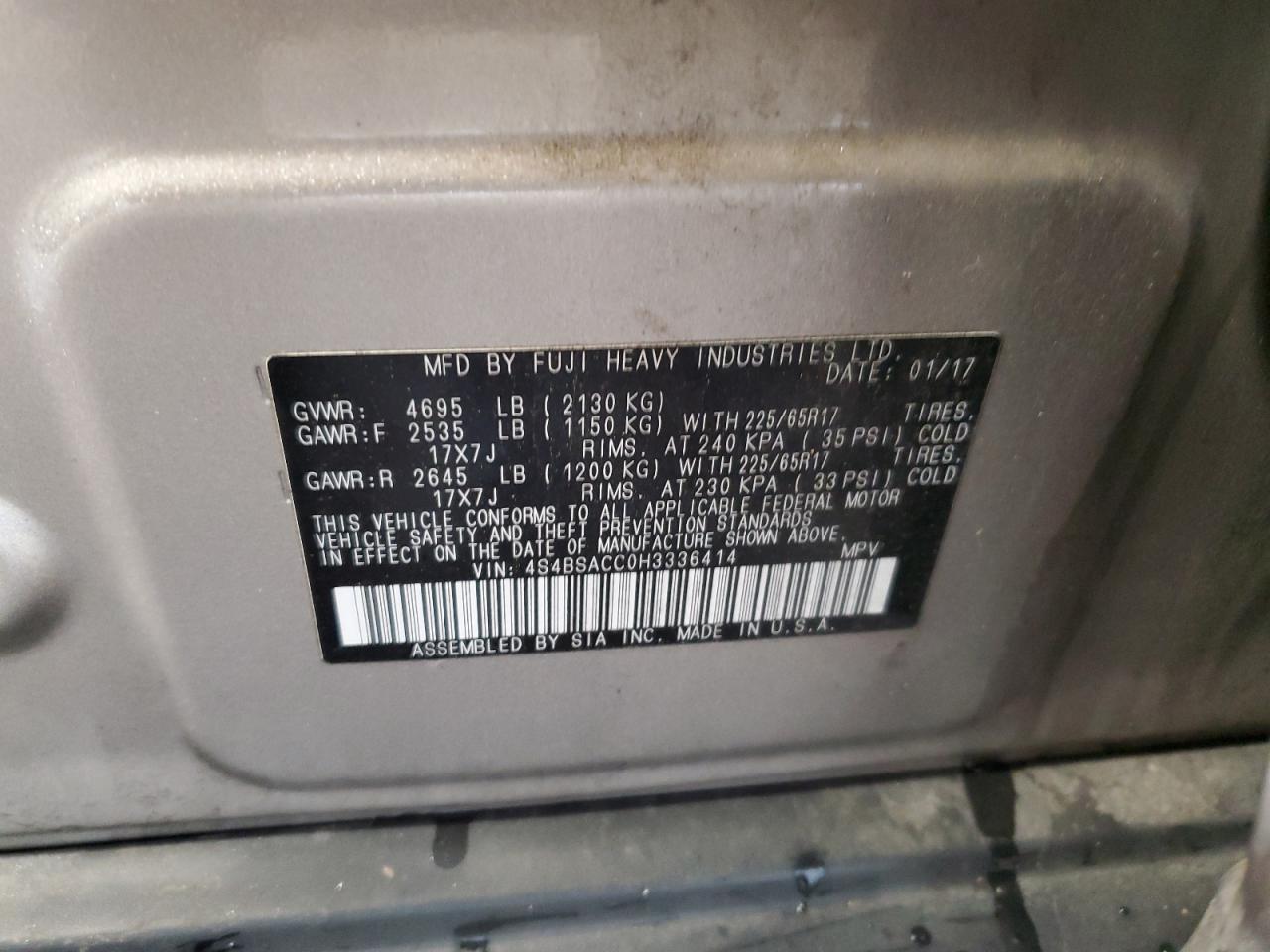 2017 Subaru Outback 2.5I Premium VIN: 4S4BSACC0H3336414 Lot: 90023595