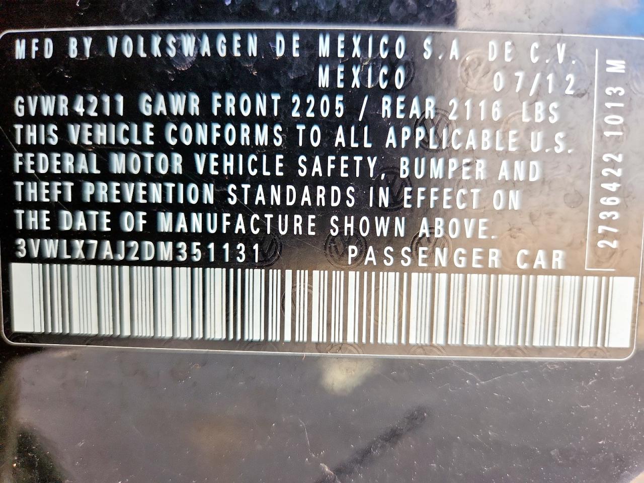 2013 Volkswagen Jetta Sel VIN: 3VWLX7AJ2DM351131 Lot: 85530745