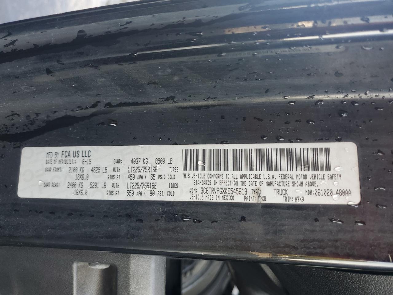 2019 Ram Promaster 2500 2500 High VIN: 3C6TRVPGXKE545613 Lot: 85354065