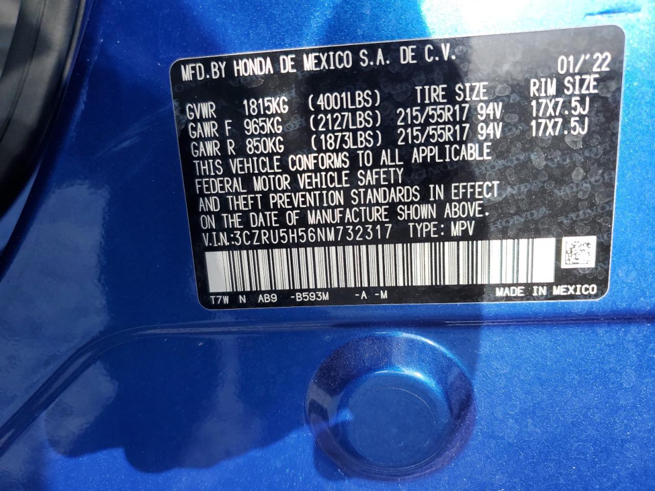 2022 Honda Hr-V Ex VIN: 3CZRU5H56NM732317 Lot: 86158125