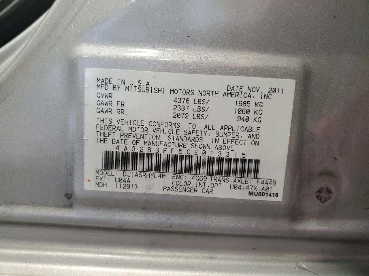 2012 Mitsubishi Galant Es VIN: 4A32B3FF5CE013315 Lot: 85477875