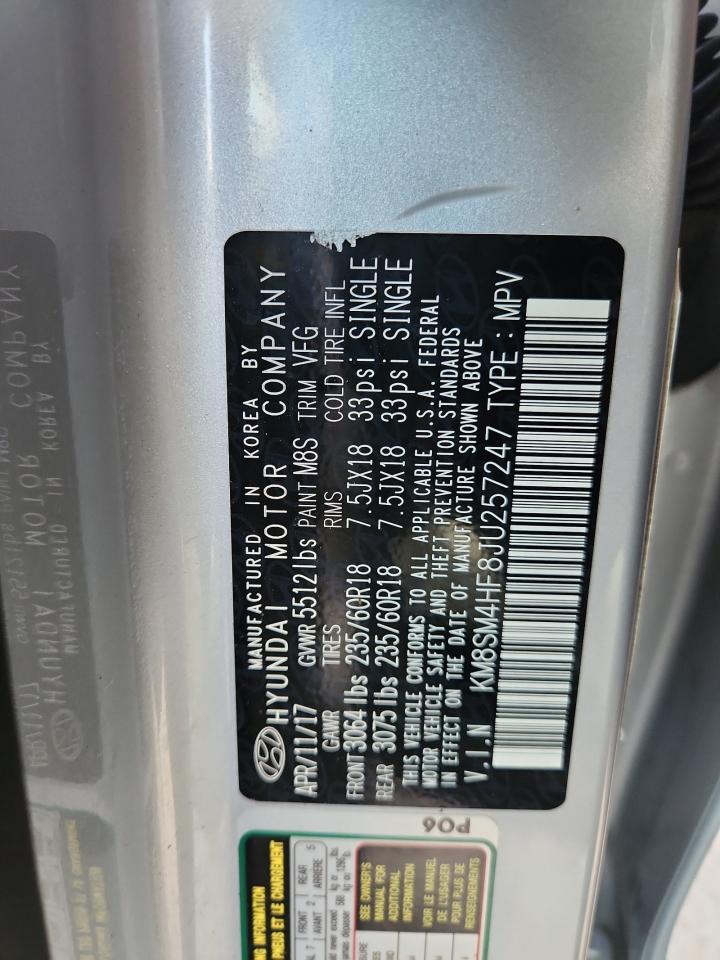 2018 Hyundai Santa Fe Se VIN: KM8SM4HF8JU257247 Lot: 84809505