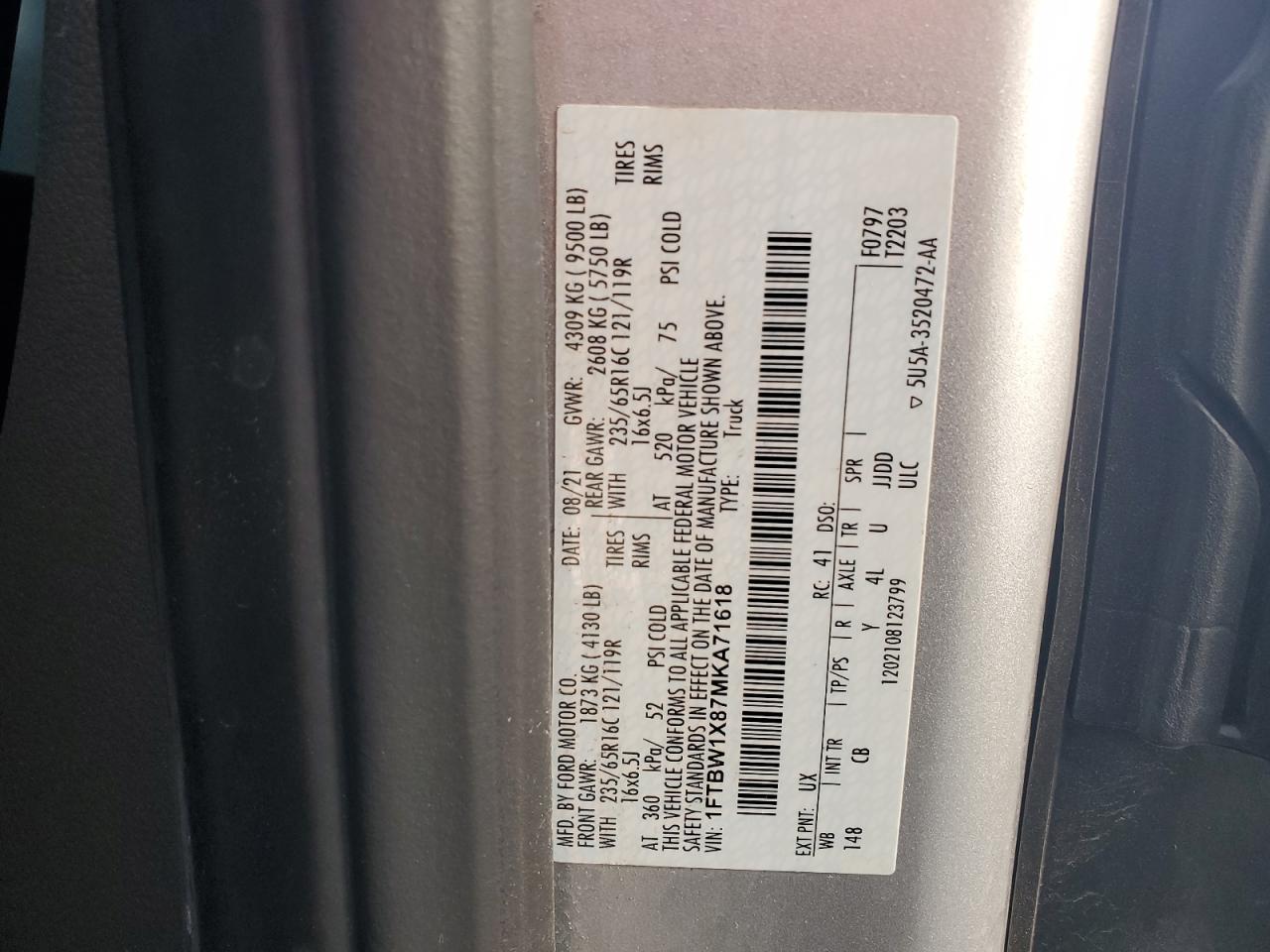 2021 Ford Transit T-350 VIN: 1FTBW1X87MKA71618 Lot: 85062035