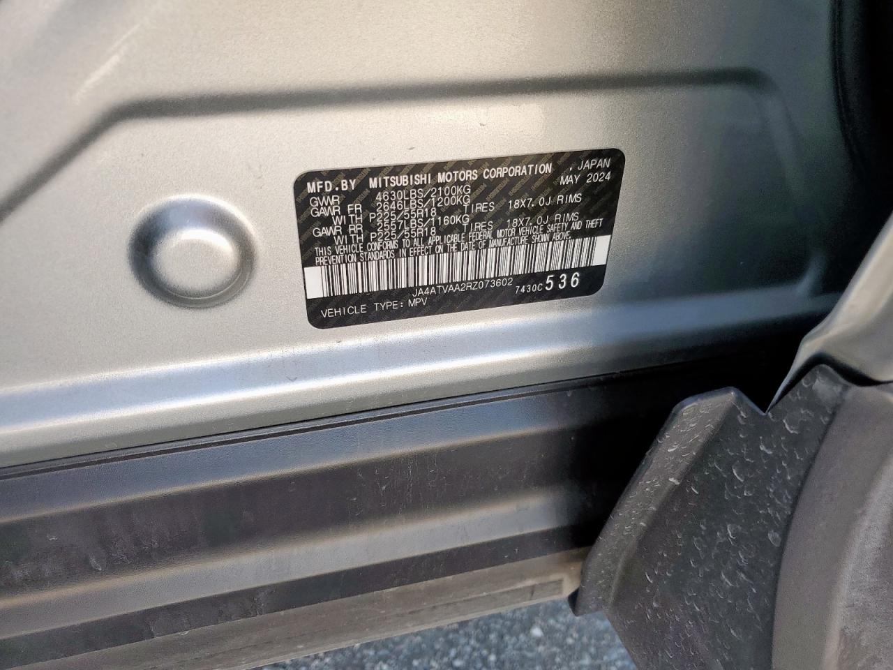 2024 Mitsubishi Eclipse Cross Le VIN: JA4ATVAA2RZ073602 Lot: 90460365