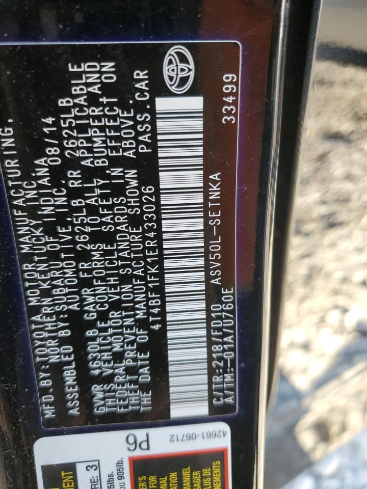 2014 Toyota Camry L VIN: 4T4BF1FK1ER433026 Lot: 85087505