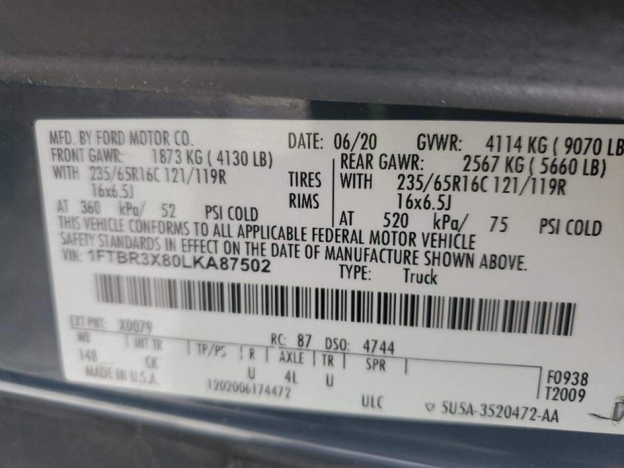 2020 Ford Transit T-250 Delivery Van VIN: 1FTBR3X80LKA87502 Lot: 90246365