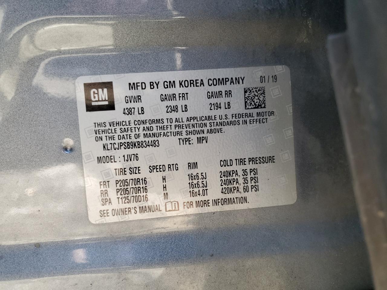 2019 Chevrolet Trax 1Lt VIN: KL7CJPSB9KB834483 Lot: 82538315