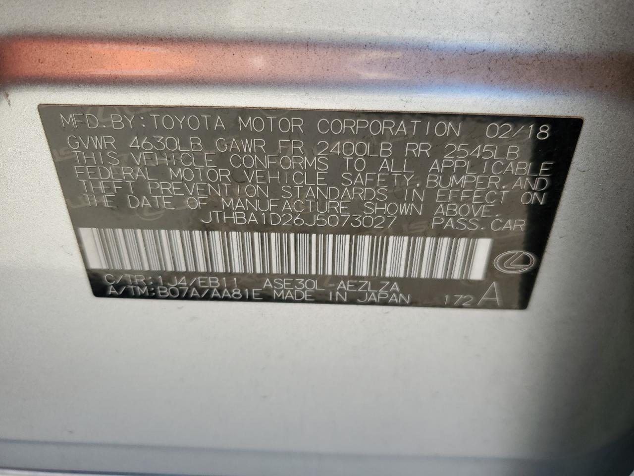 2018 Lexus Is 300 VIN: JTHBA1D26J5073027 Lot: 87067945