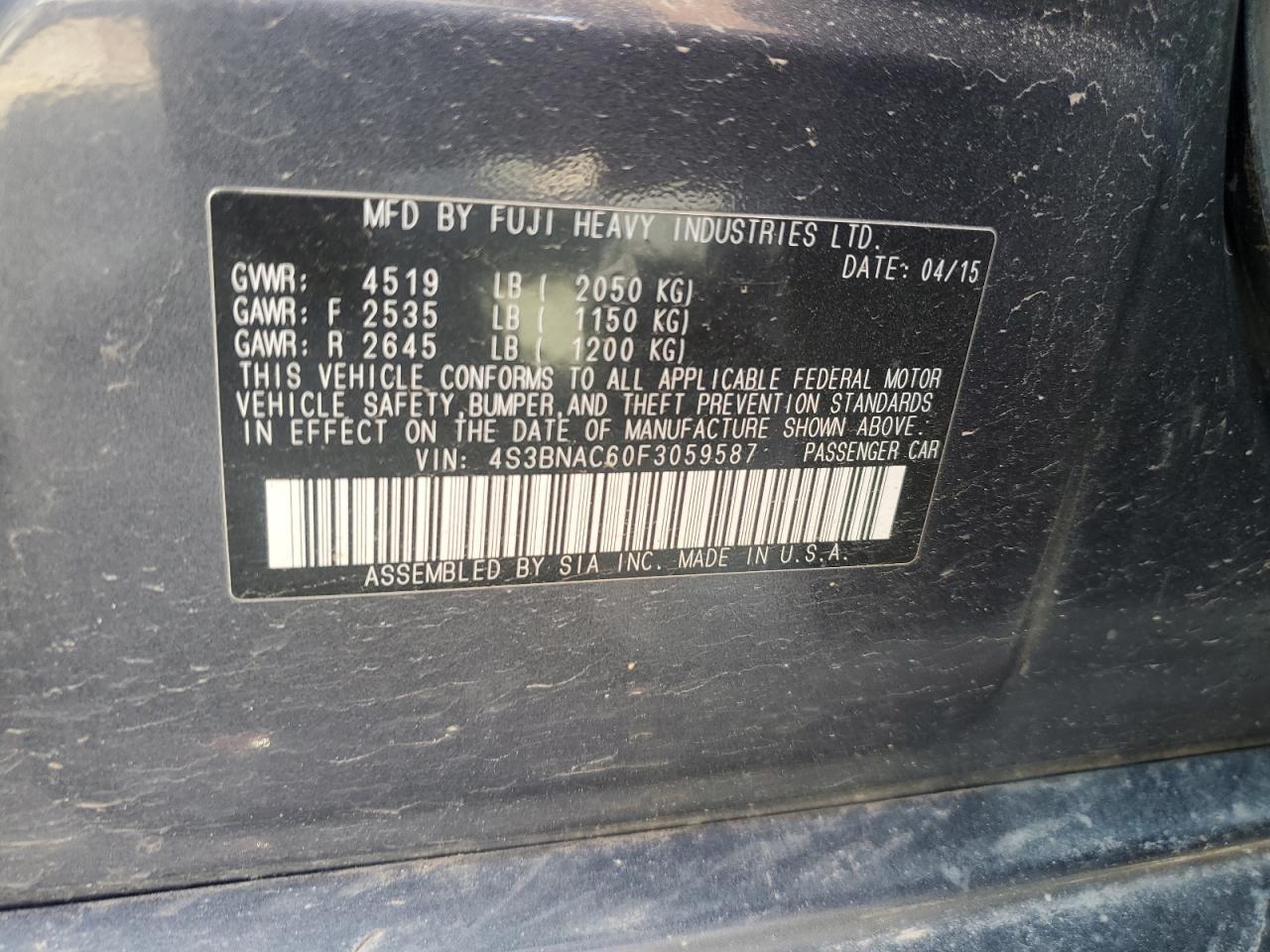 2015 Subaru Legacy 2.5I Premium VIN: 4S3BNAC60F3059587 Lot: 85189965