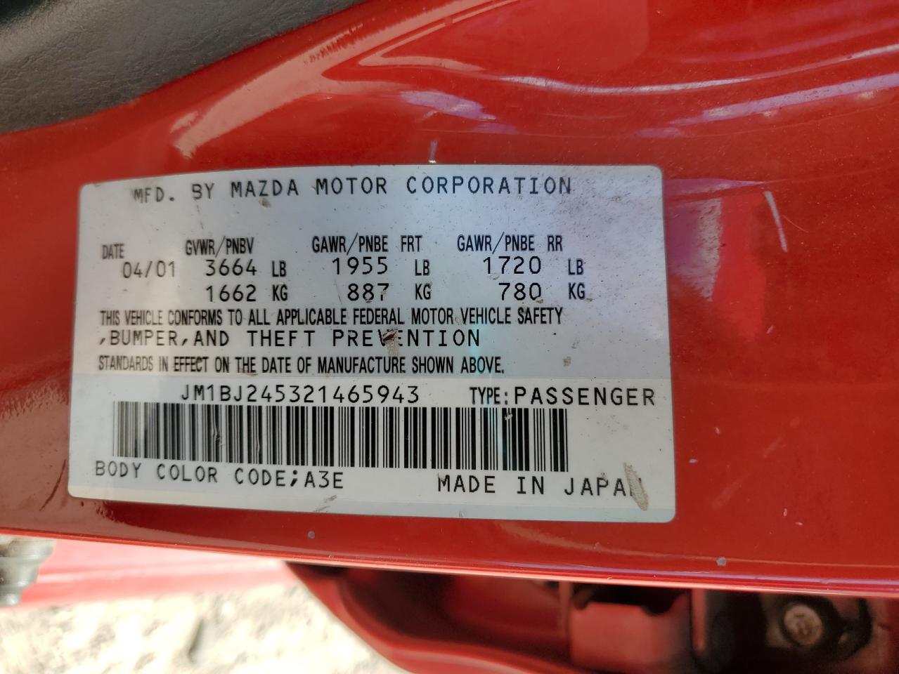 2002 Mazda Protege Pr5 VIN: JM1BJ245321465943 Lot: 91074965