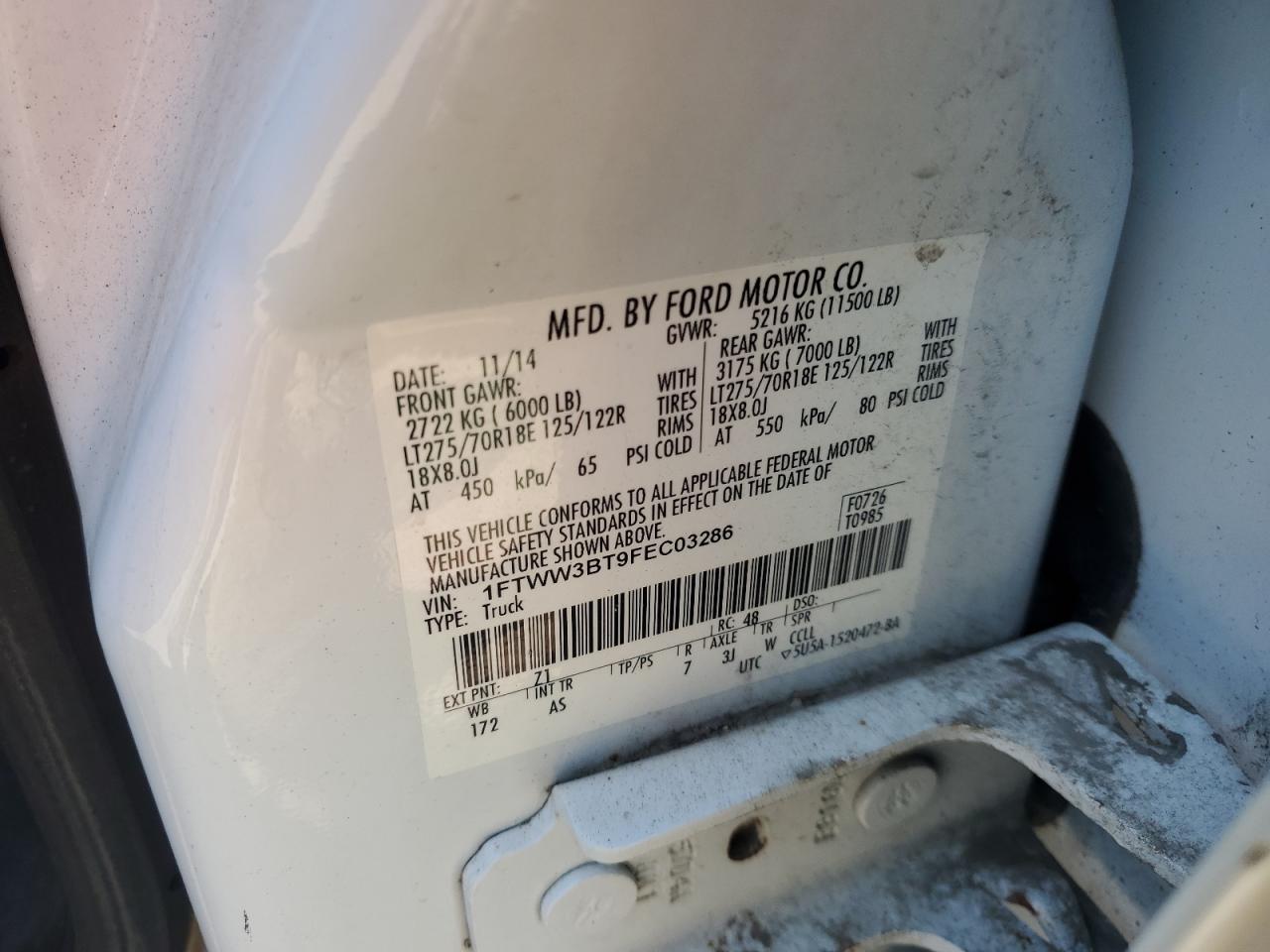 2015 Ford F350 Super Duty VIN: 1FTWW3BT9FEC03286 Lot: 85122195