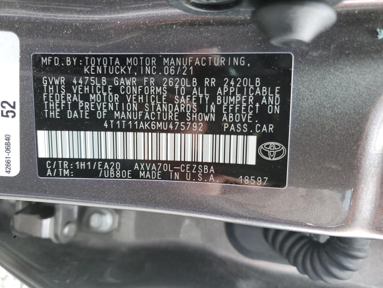 2021 Toyota Camry Se VIN: 4T1T11AK6MU475792 Lot: 81828545