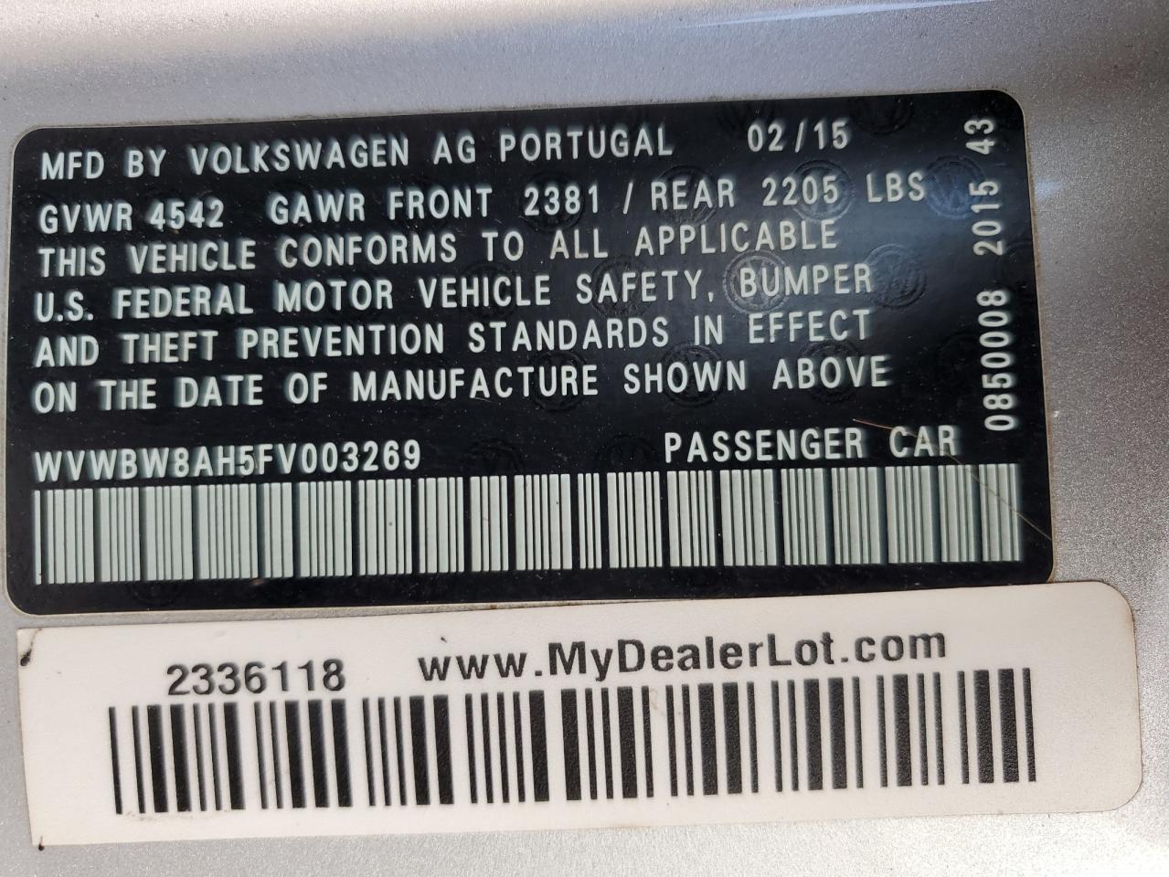 2015 Volkswagen Eos Komfort VIN: WVWBW8AH5FV003269 Lot: 85868085