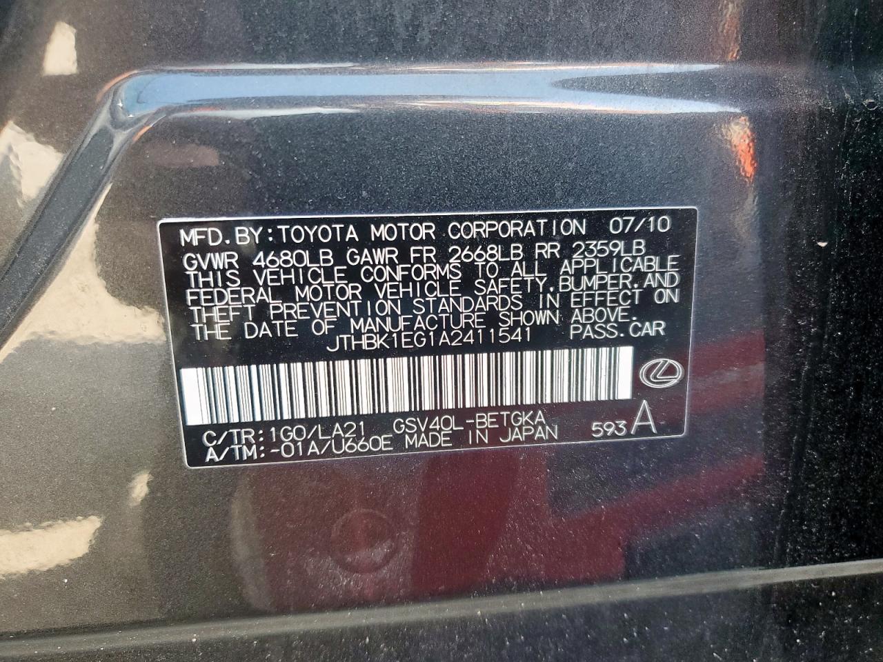 2010 Lexus Es 350 VIN: JTHBK1EG1A2411541 Lot: 85123845