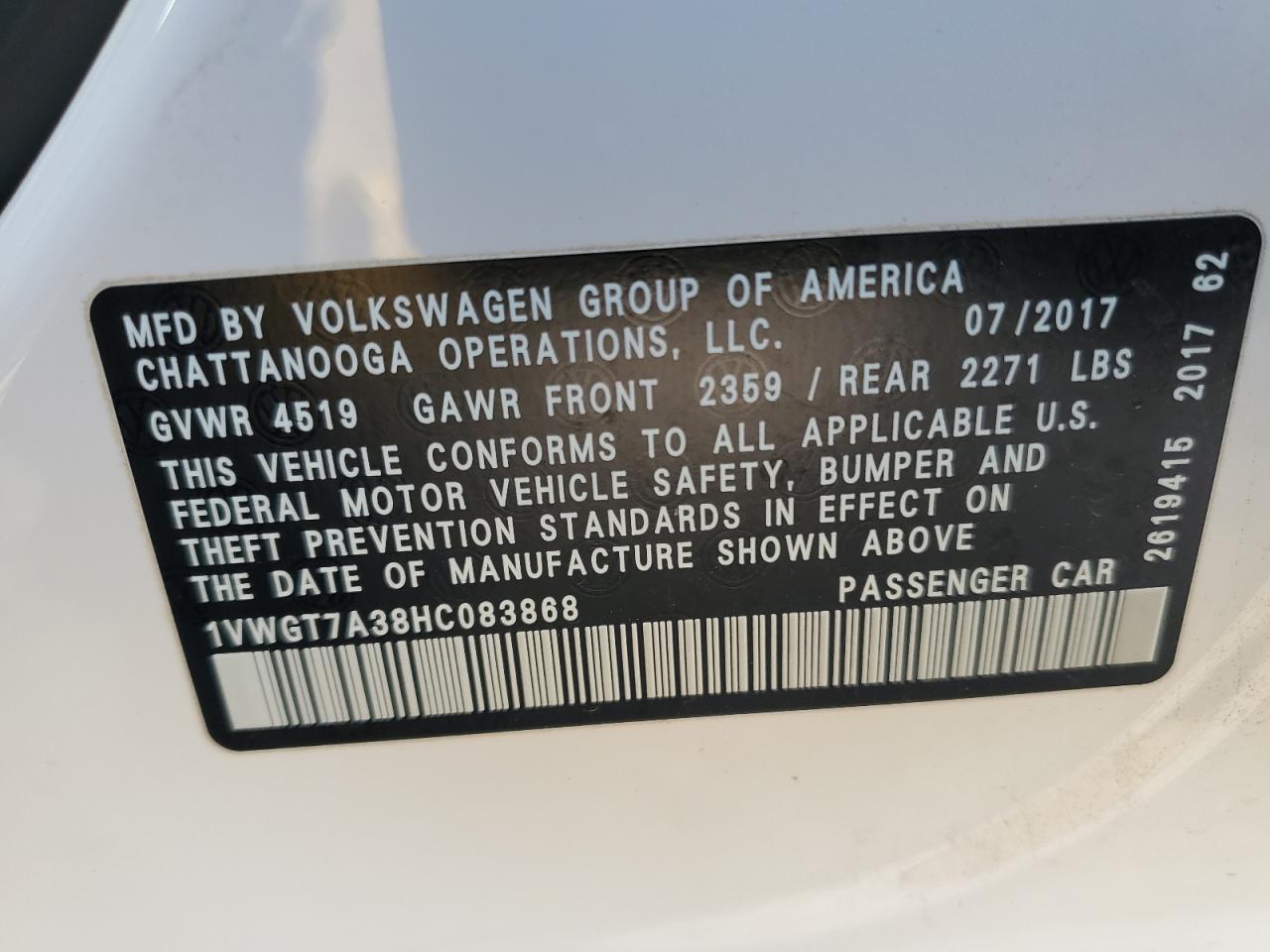 2017 Volkswagen Passat Se VIN: 1VWGT7A38HC083868 Lot: 85902295
