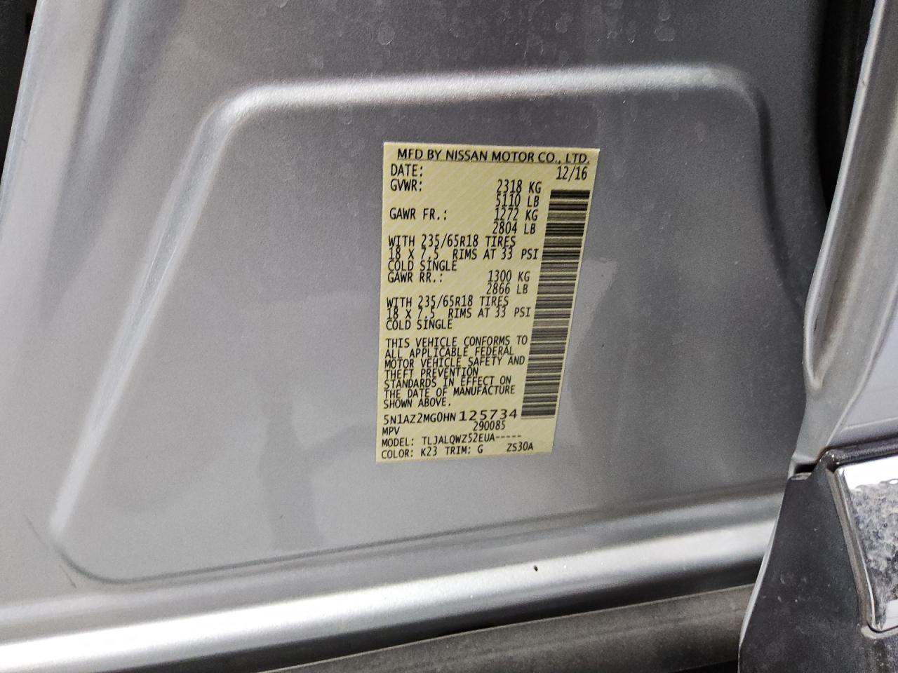 2017 Nissan Murano S VIN: 5N1AZ2MG0HN125734 Lot: 85747865