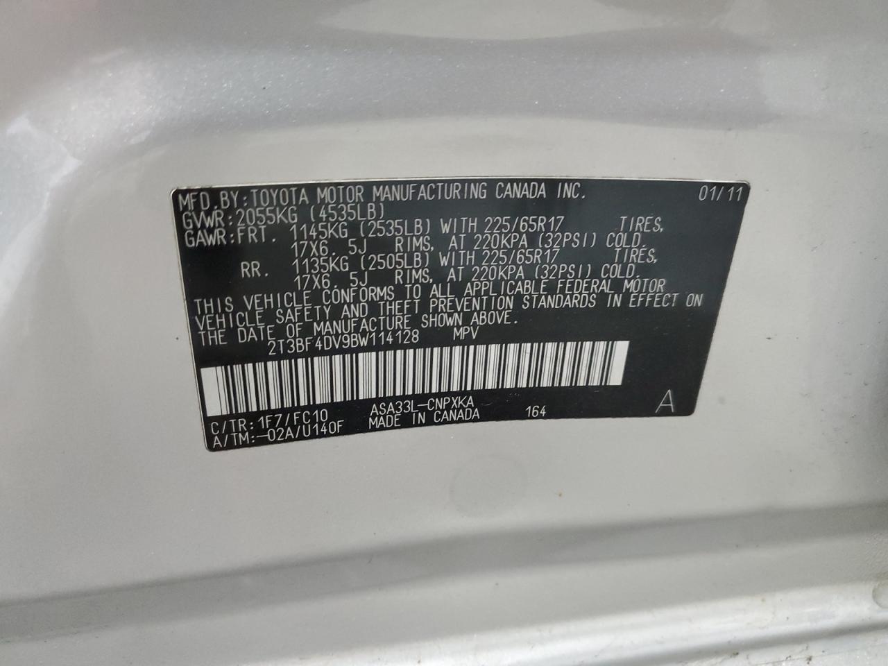 2011 Toyota Rav4 VIN: 2T3BF4DV9BW114128 Lot: 86452575