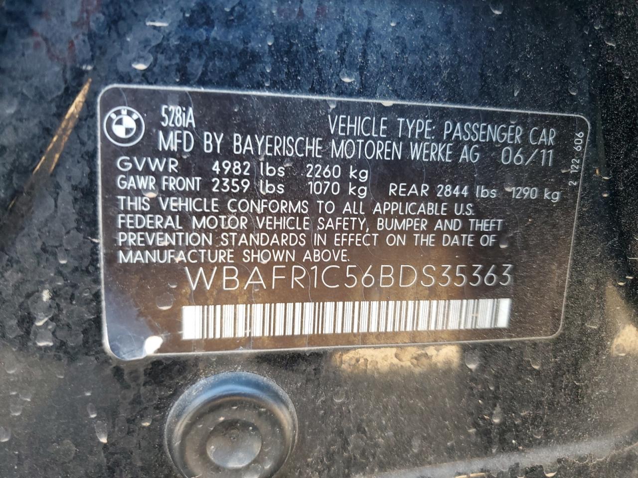 2011 BMW 528 I VIN: WBAFR1C56BDS35363 Lot: 90309865