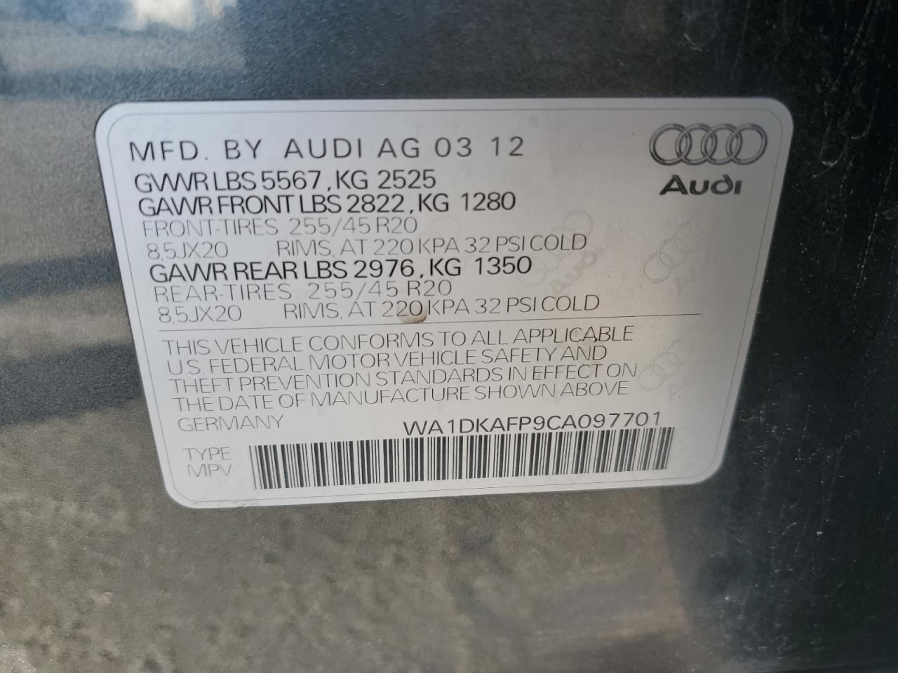 2012 Audi Q5 Premium Plus VIN: WA1DKAFP9CA097701 Lot: 82668865