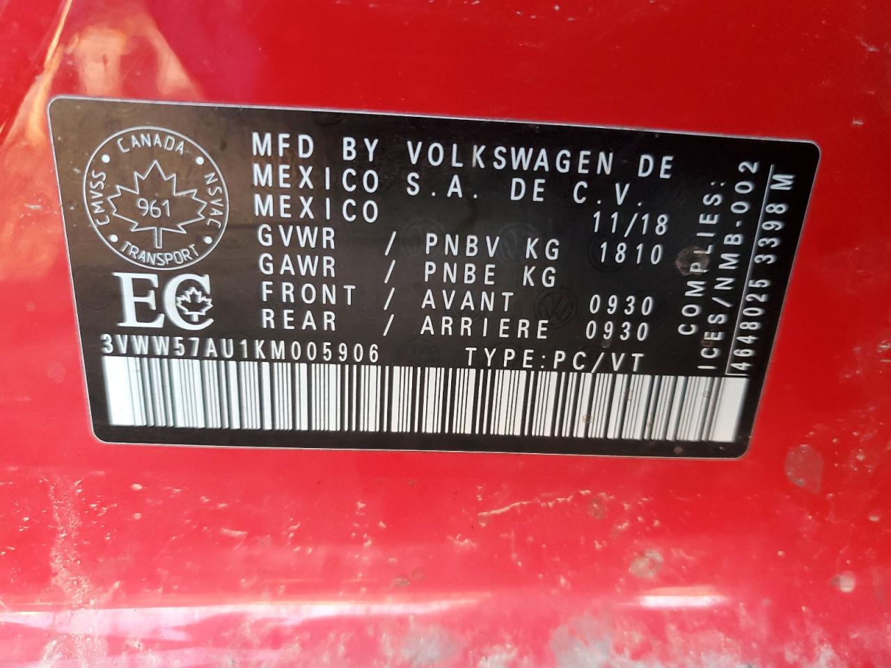 2019 Volkswagen Golf S VIN: 3VWW57AU1KM005906 Lot: 89685425