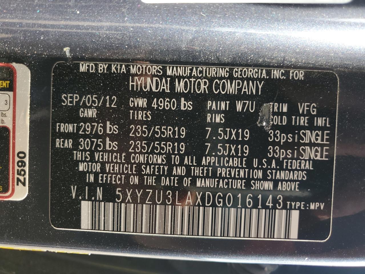 2013 Hyundai Santa Fe Sport VIN: 5XYZU3LAXDG016143 Lot: 84069835