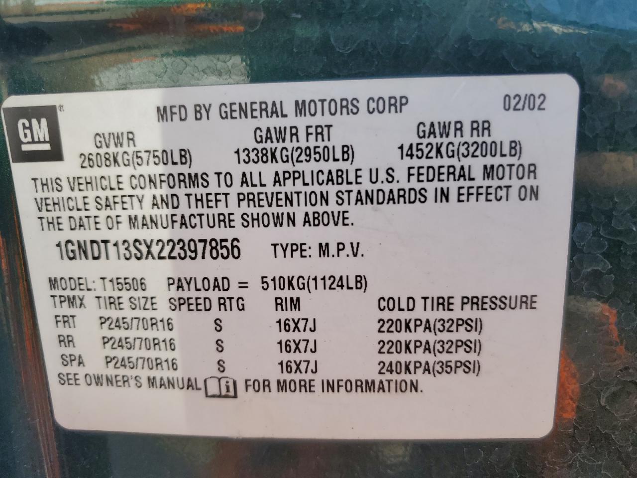 2002 Chevrolet Trailblazer VIN: 1GNDT13SX22397856 Lot: 81978365