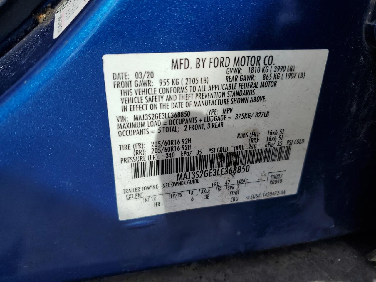 2020 Ford Ecosport Se VIN: MAJ3S2GE3LC368850 Lot: 86146875