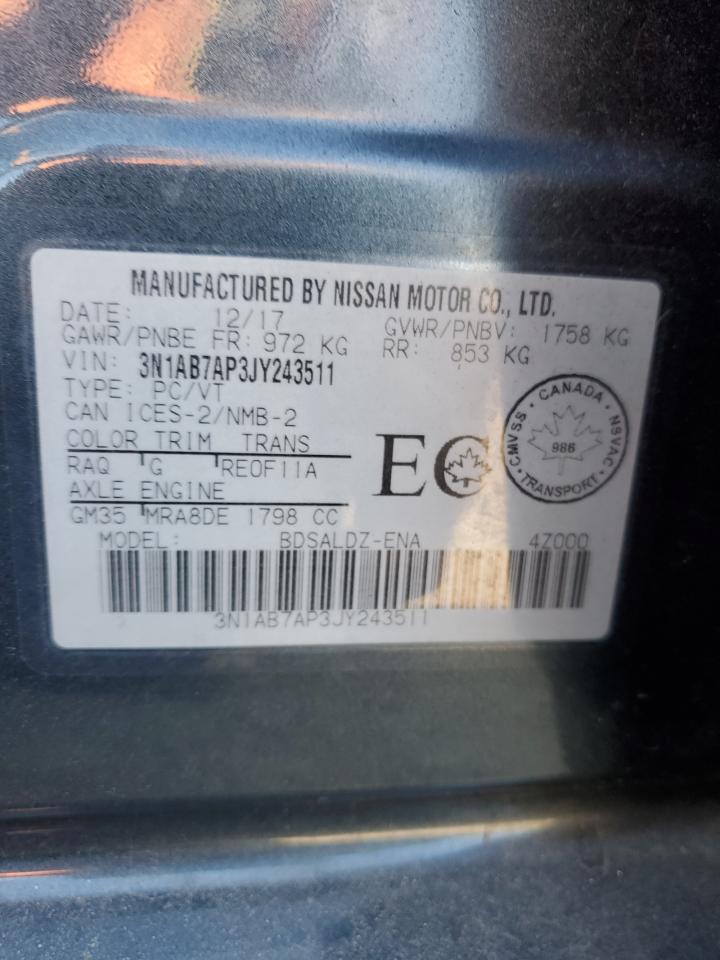 2018 Nissan Sentra S VIN: 3N1AB7AP3JY243511 Lot: 85158325