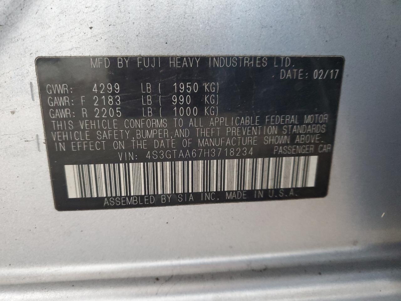 2017 Subaru Impreza VIN: 4S3GTAA67H3718234 Lot: 82391655