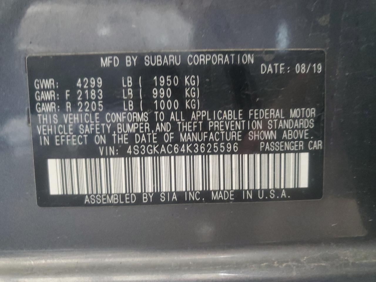 2019 Subaru Impreza Premium VIN: 4S3GKAC64K3625596 Lot: 84888955