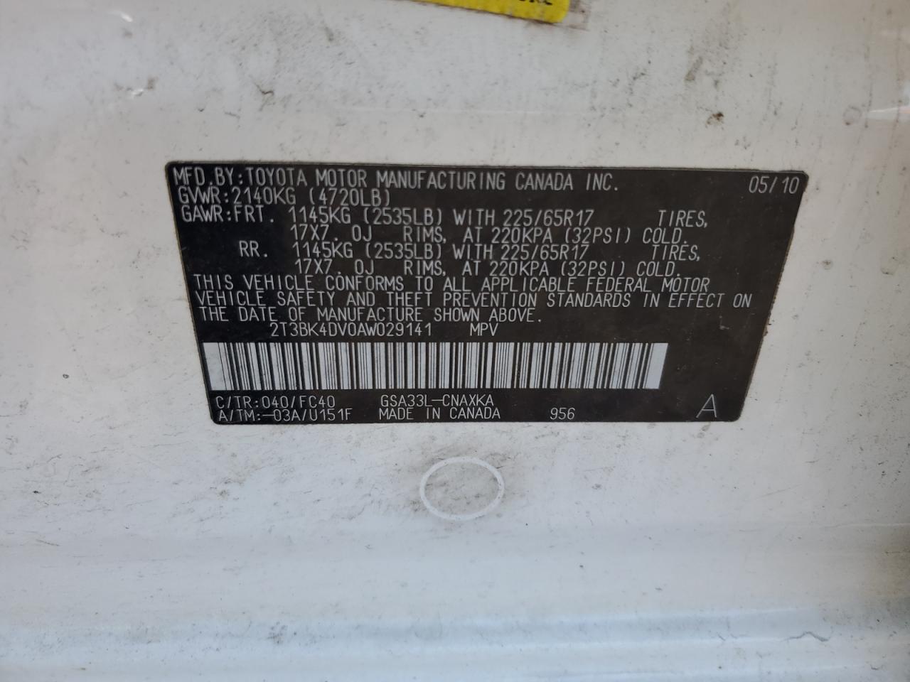 2010 Toyota Rav4 VIN: 2T3BK4DV0AW029141 Lot: 84808935