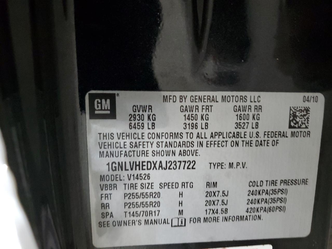 2010 Chevrolet Traverse Ltz VIN: 1GNLVHEDXAJ237722 Lot: 85557815