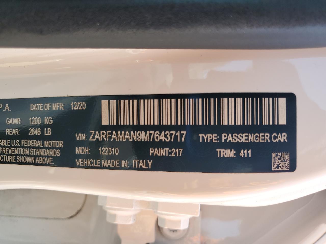 2021 Alfa Romeo Giulia Sport VIN: ZARFAMAN9M7643717 Lot: 85350075