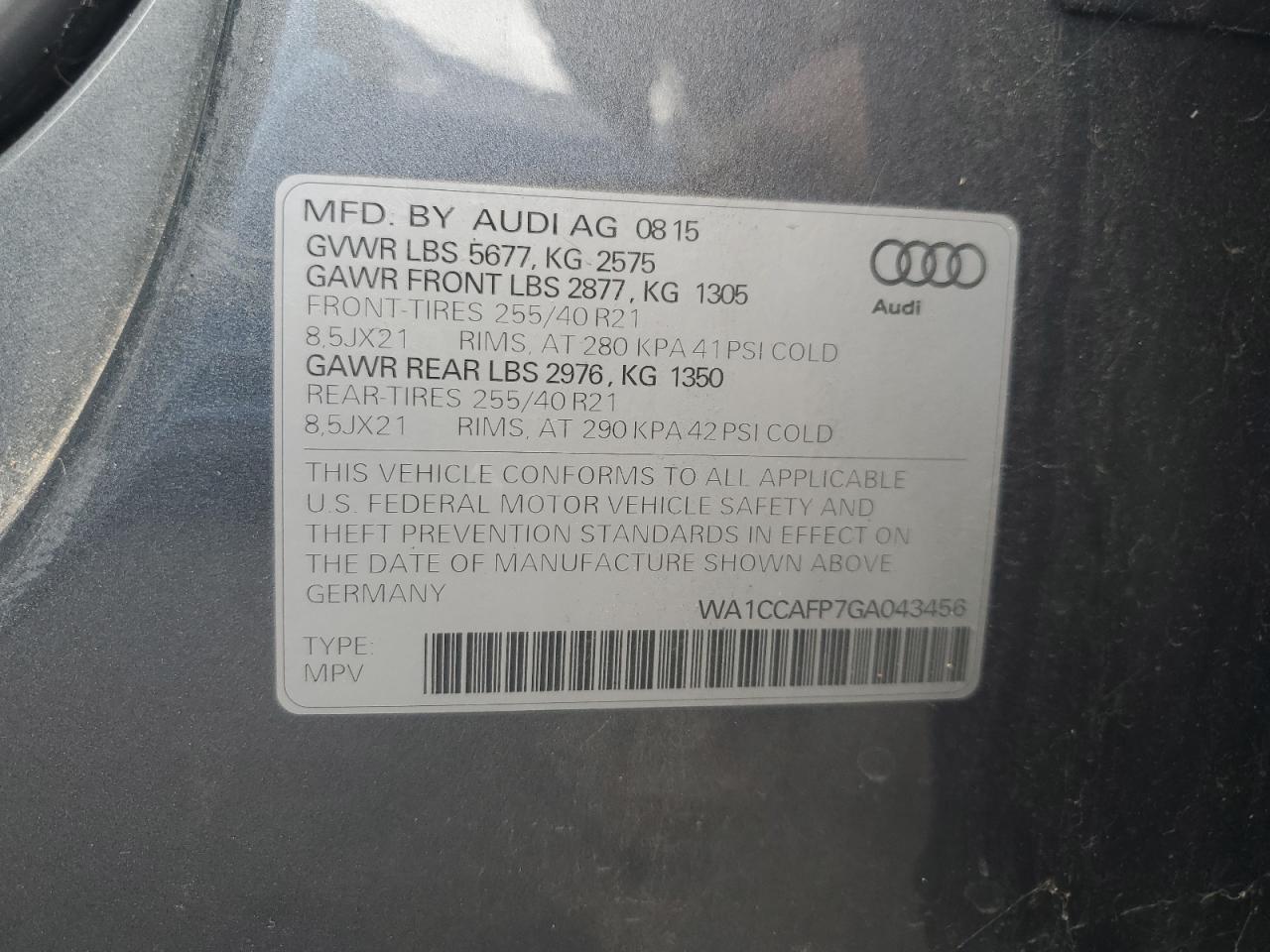 2016 Audi Sq5 Premium Plus VIN: WA1CCAFP7GA043456 Lot: 82003675