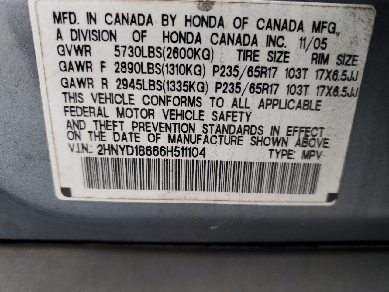 2006 Acura Mdx Touring VIN: 2HNYD18666H511104 Lot: 89486255