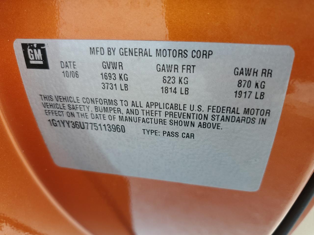 2007 Chevrolet Corvette VIN: 1G1YY36U775113960 Lot: 87297645