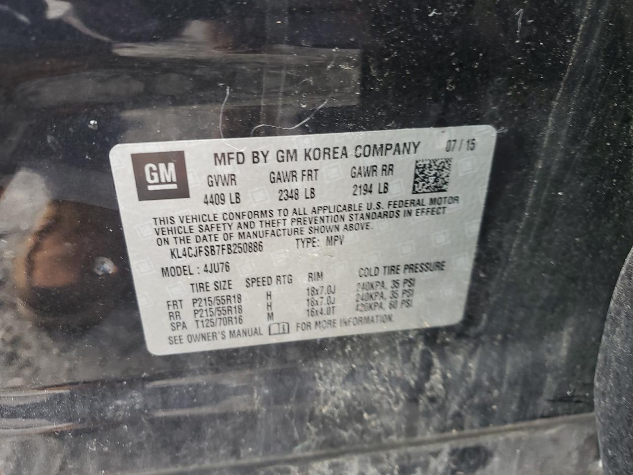 2015 Buick Encore Convenience VIN: KL4CJFSB7FB250886 Lot: 89510375