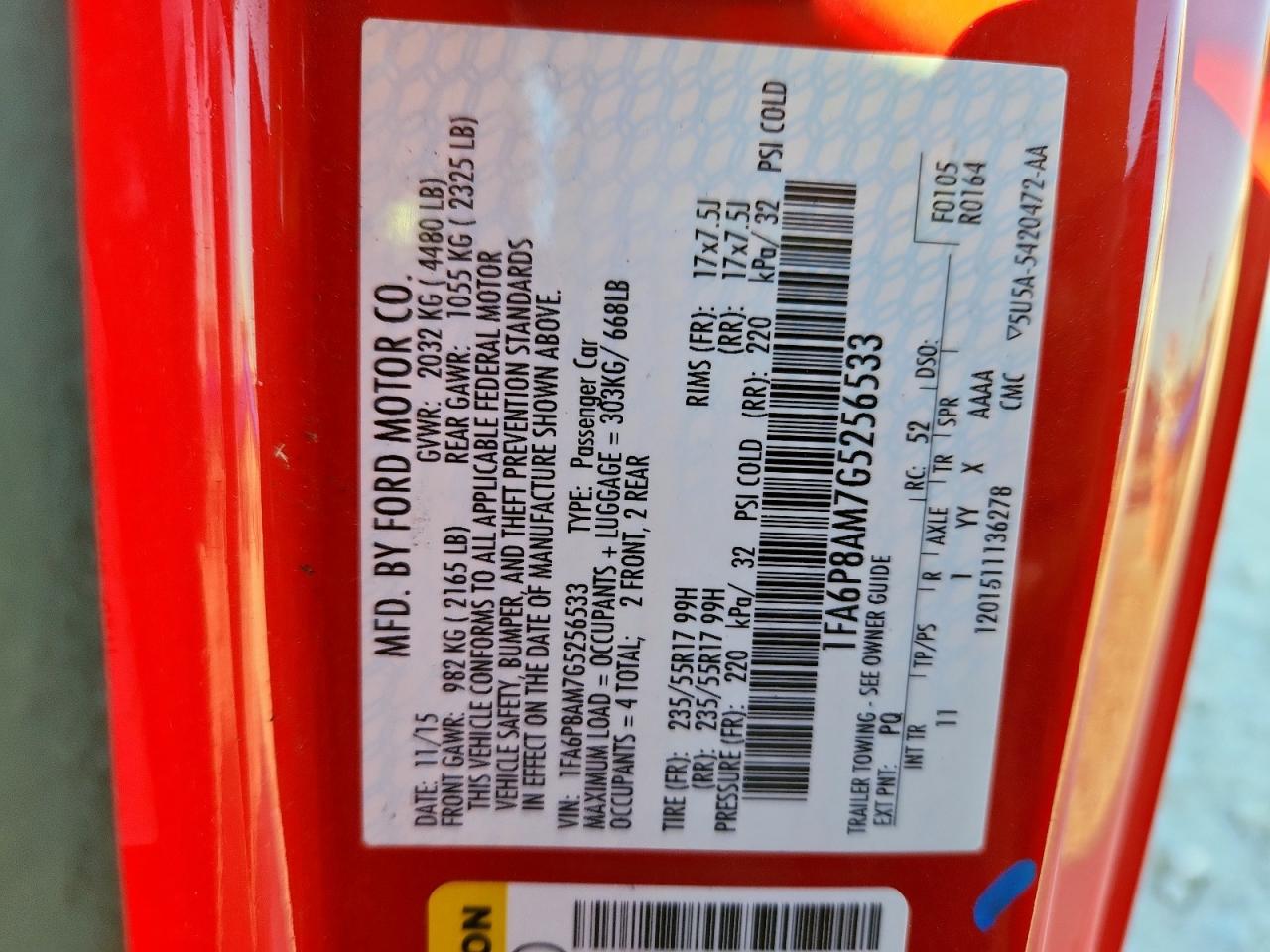 2016 Ford Mustang VIN: 1FA6P8AM7G5256533 Lot: 90104525