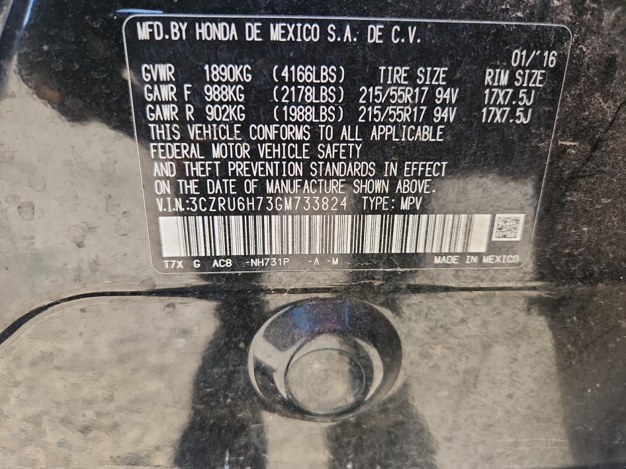 2016 Honda Hr-V Exl VIN: 3CZRU6H73GM733824 Lot: 81994245