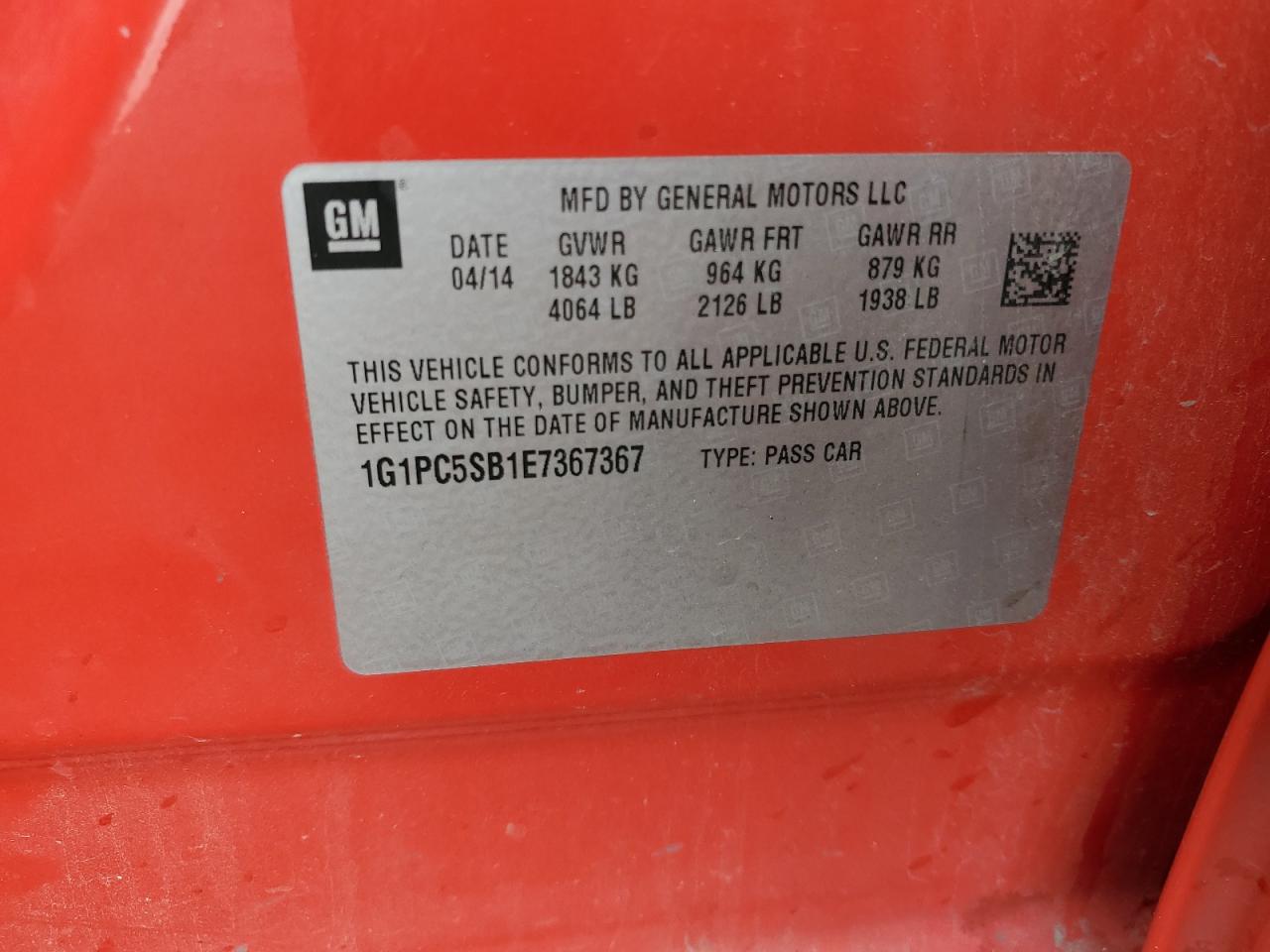 2014 Chevrolet Cruze Lt VIN: 1G1PC5SB1E7367367 Lot: 82258715