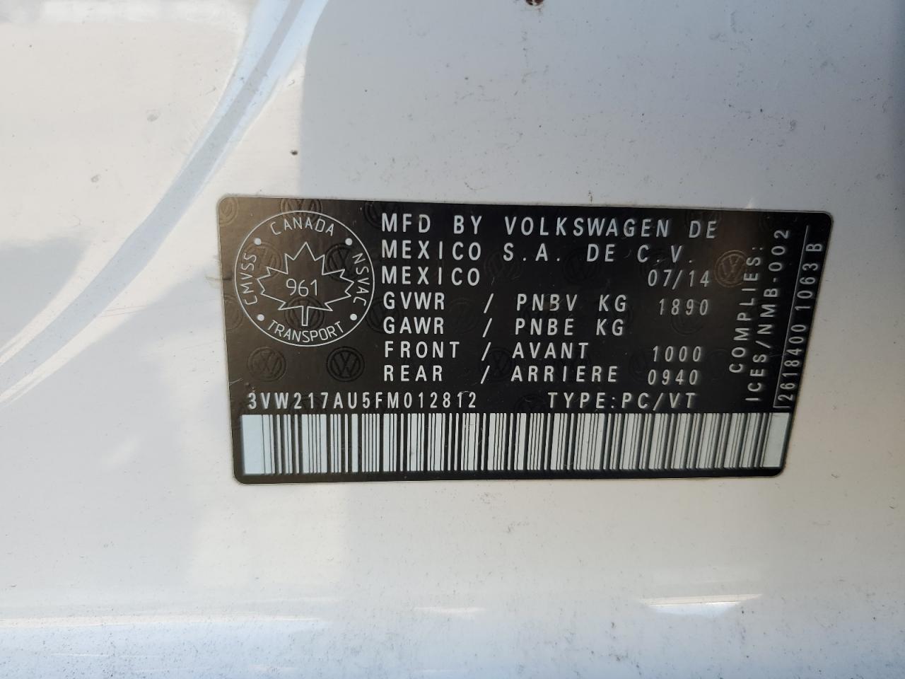 2015 Volkswagen Golf VIN: 3VW217AU5FM012812 Lot: 84205565