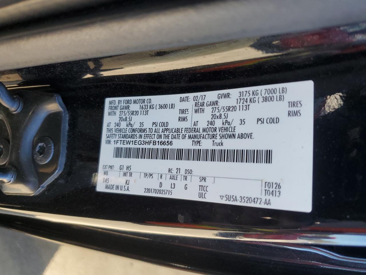 2017 Ford F150 Supercrew VIN: 1FTEW1EG3HFB16656 Lot: 86422195