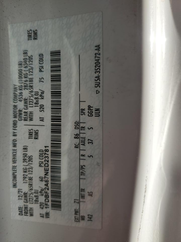 2022 Ford F250 Super Duty VIN: 1FDBF2A67NED23781 Lot: 84982345