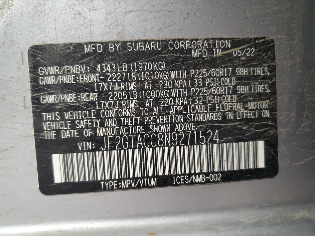 2022 Subaru Crosstrek Premium VIN: JF2GTACC8N9271524 Lot: 84734515